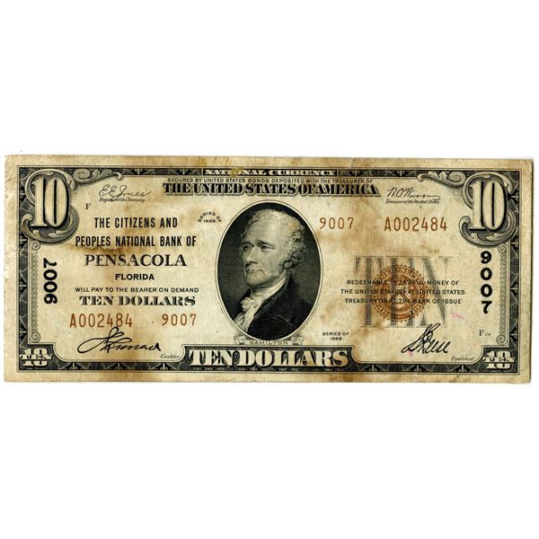 Florida. The Citizens and Peoples National Bank of Pensacola, $10, Series of 1929 T2, Ch#9007.