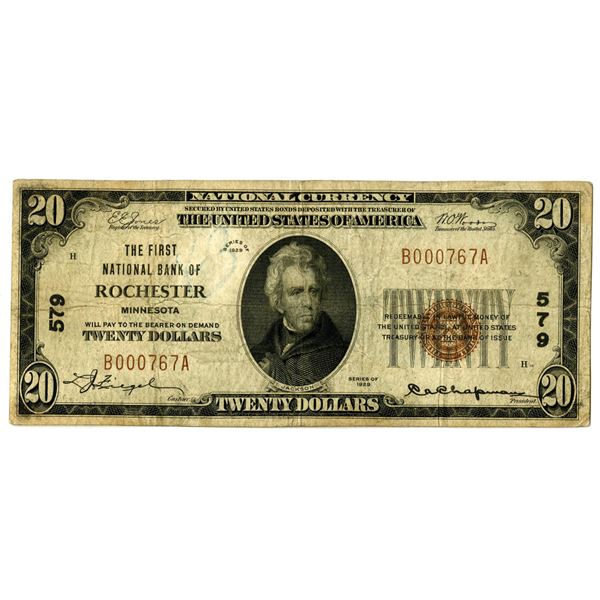 Minnesota. First National Bank of Rochester, $20, 1929 T1, Ch#579.