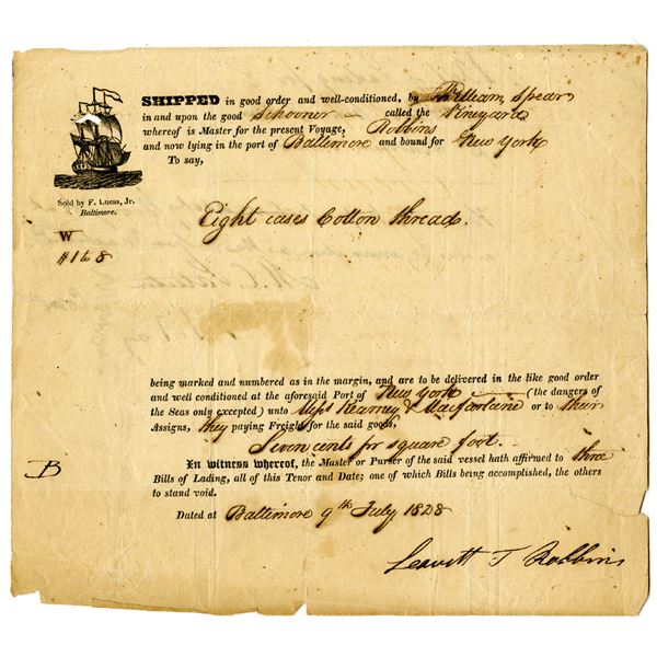 Baltimore to New York, 1828 Shipping Document Bill of Lading