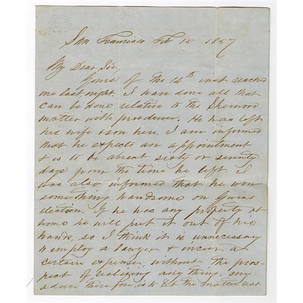 San Francisco, 1857 Handwritten Letter Regarding Business Opportunities