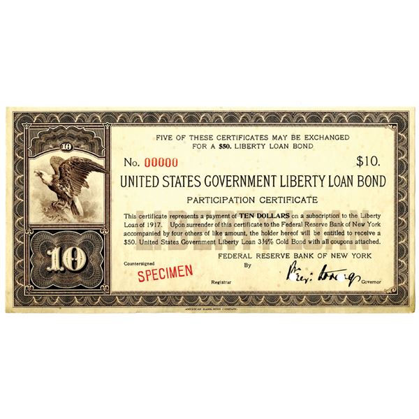 U.S. Government Liberty Loan Bond, 1917 Specimen 3 1/2% Gold bond Participation Certificates