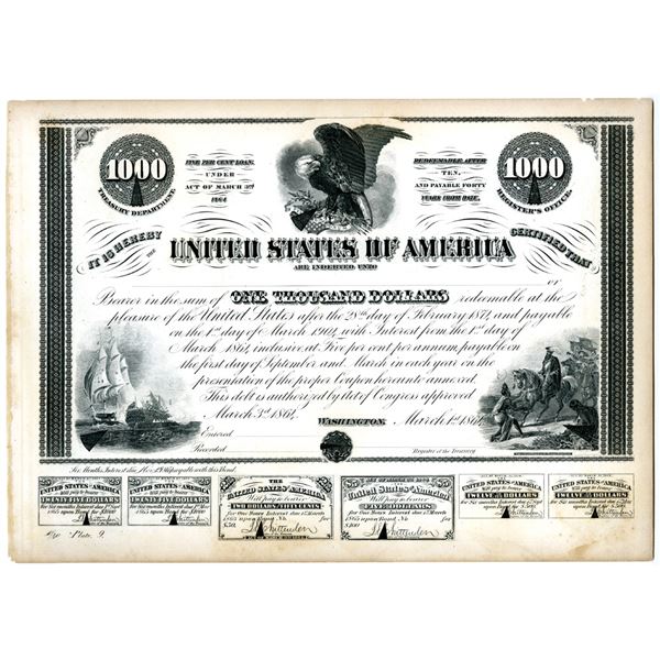 U.S.A. Treasury Department Counterfeit Detector Proof Plate of 1864 $1,000 Bond