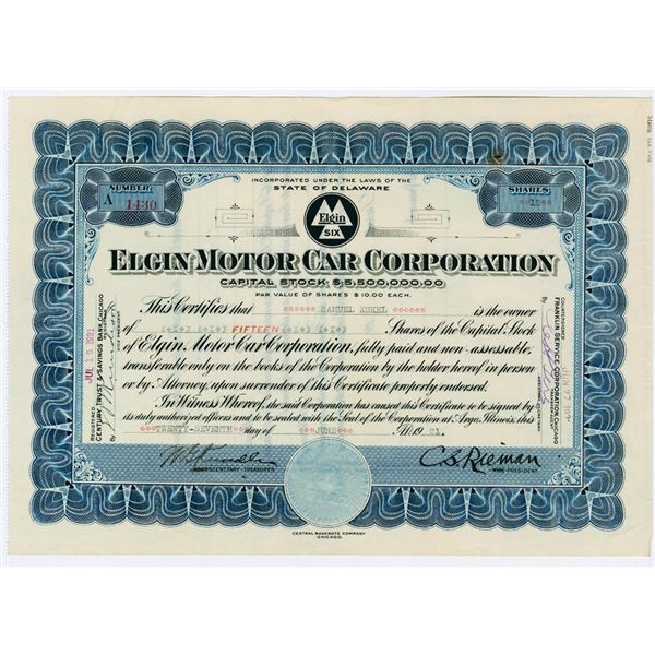 Elgin Motor Car Corp., 1921 Stock Certificate.