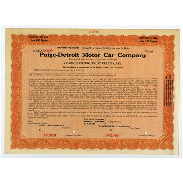 Paige-Detroit Motor Car Co. 1932 Specimen Stock Certificate