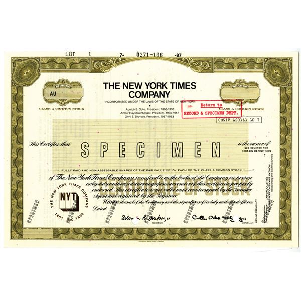 New York Times Co. 1987 Specimen Stock Certificate