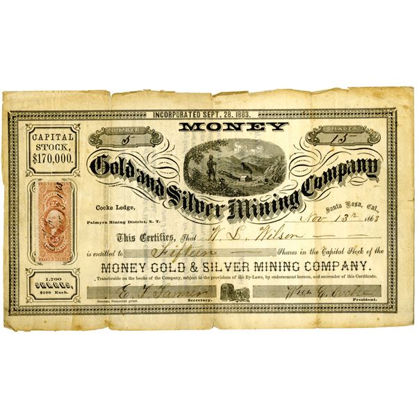 Money Gold and Silver Mining Co., Nov.13, 1863 I/U Stock Certificate