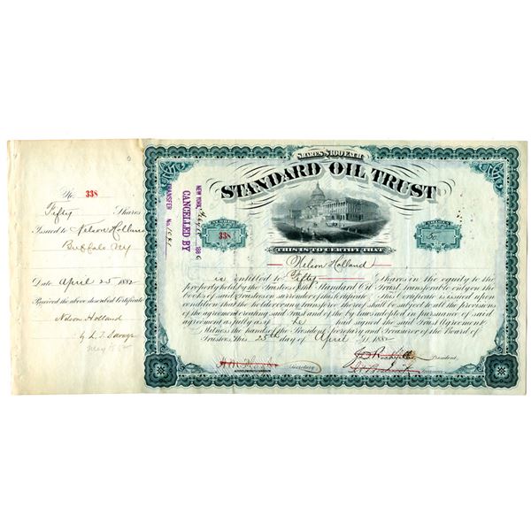 Standard Oil Trust 1882 I/C Stock Certificate Signed by J.D. Rockefeller