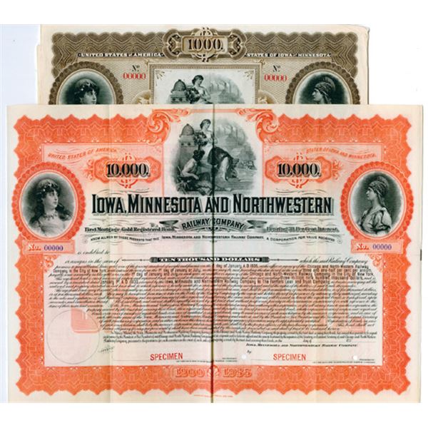 Iowa, Minnesota & Northwestern Railway Co., 1900 Specimen Bond Pair.