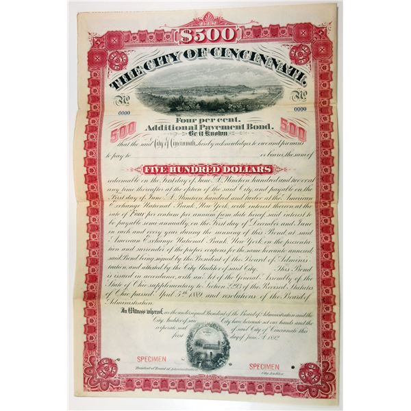 City of Cincinnati, 1892 Specimen Bond