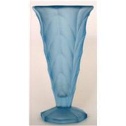 Blue Satin Art Deco Pressed Glass Chevron Vase #2088164