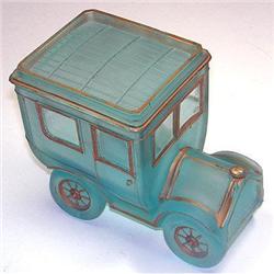 Portieux Blue Satin Glass Motor Car Powder Jar #2088171