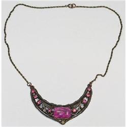 Pink Cabochon Rhinestones Copper Chain Necklace#2088187
