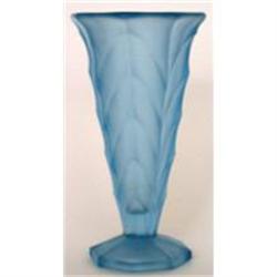 Blue Satin Art Deco Pressed Glass Chevron Vase #2097109