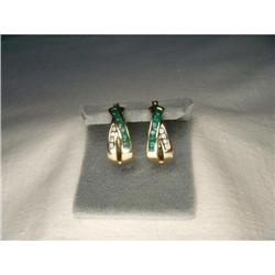 Estate 14K YG Diamond Emerald Huggie Earrings #2107578