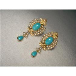 Victorian 18K YG Turquoise Seed Pearl Earrings #2107582