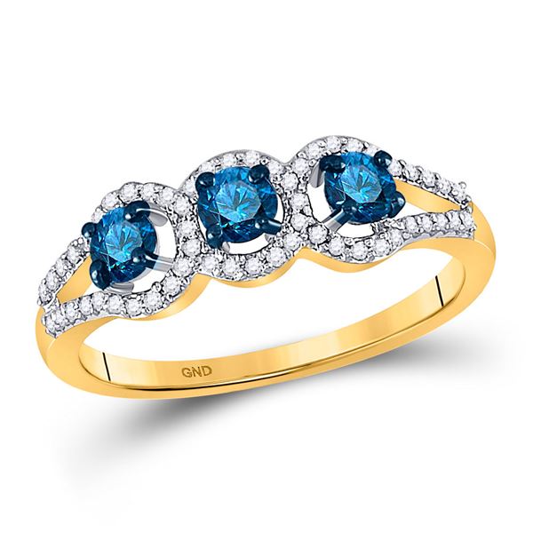 Blue Color Enhanced Diamond 3-stone Bridal Wedding Ring 5/8 Cttw 10kt Yellow Gold