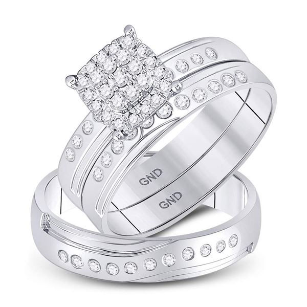 His Hers Diamond Cluster Matching Wedding Set 1/3 Cttw 14kt White Gold