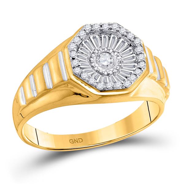 Mens Diamond Two-tone Concave Cluster Ribbed Ring 1/2 Cttw 14kt Yellow Gold