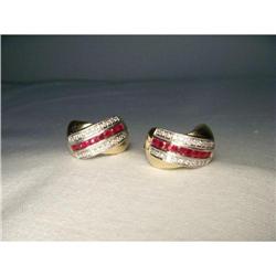 Estate 14K YG Diamond Ruby Huggie Earrings #2106334