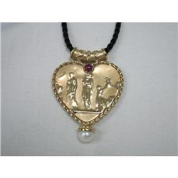 Estate 14K YG Ruby Pearl Etruscan Heart Pendant#2106362