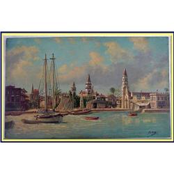 ANTIQUE VINTAGE OIL PAINTING VENICE SEA SHIPS #2106778