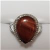 Image 1 : 156) SILVER DIAMOND RED TIGER EYE RING, SIZE 6.5