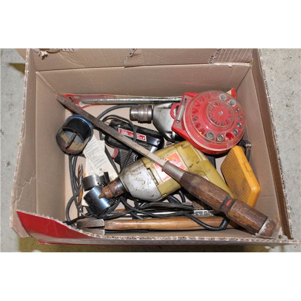 BOX OF FARM TOOLS