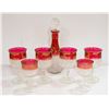 DIAMOND POINT RUBY FLASH DECANTER W/ 6 GOBLETS