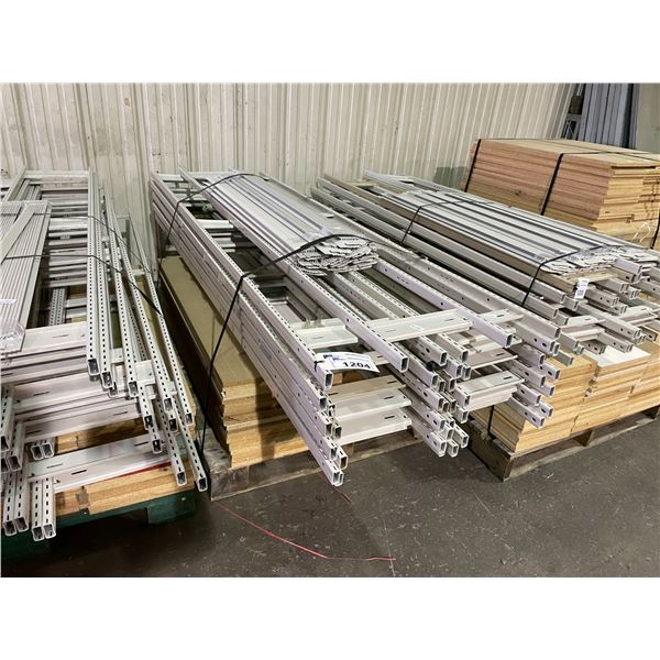 PALLET OF ADJUSTABLE PRODUCT SHELVING WITH 20 UPRIGHTS, 60 WOOD SHELF INSERTS, AND CROSS BEAMS