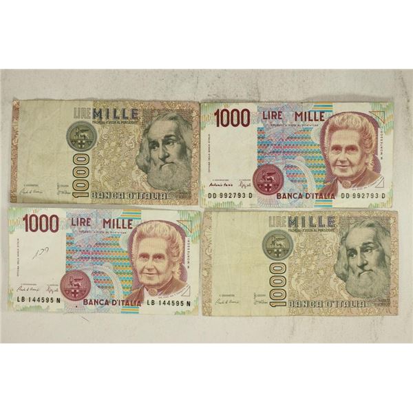 4 ITALIAN 1000 LIRE NOTES 2-1982 & 2-1990