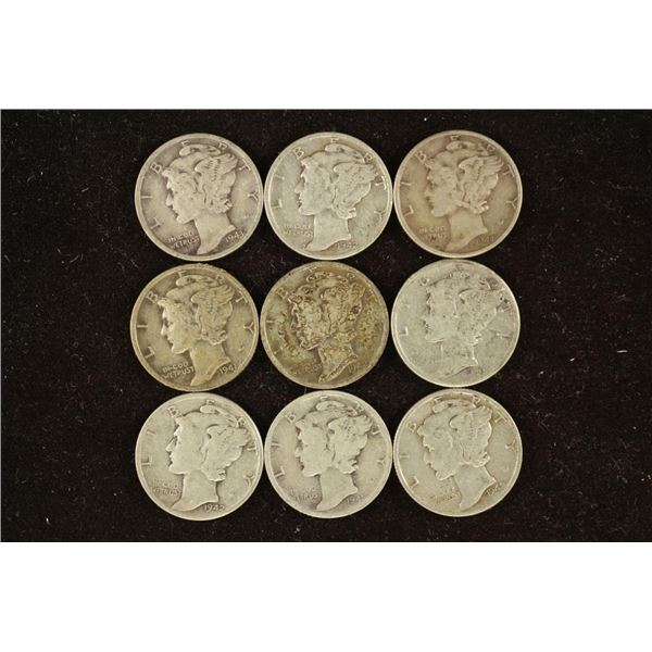 9 ASSORTED 1940'S MERCURY DIMES