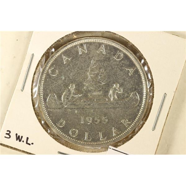 1955 THREE WATER LINES CANADA SILVER DOLLAR AU+