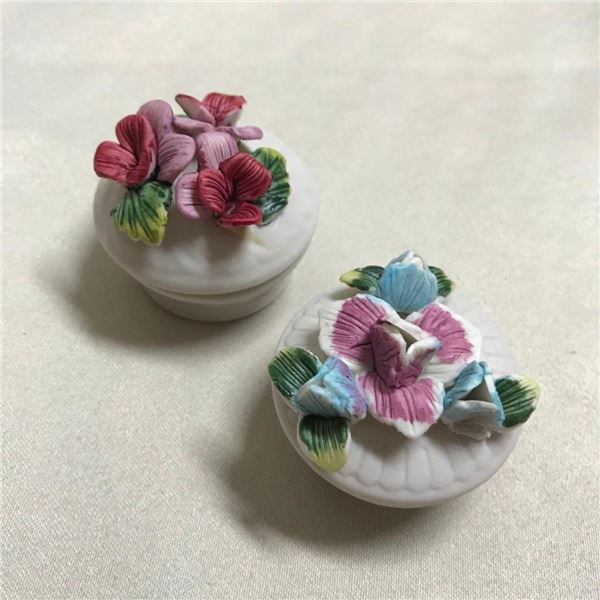 Pair of Bisque Porcelain Flower Trinket Boxes