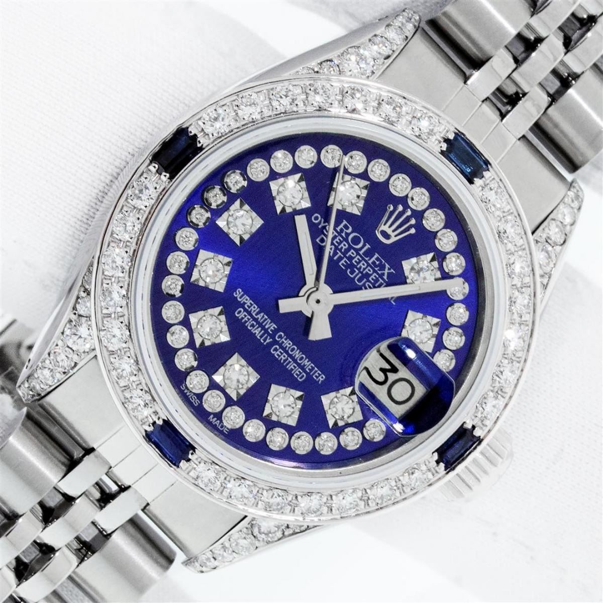 Rolex Ladies Stainless Steel Diamond Lugs Royal Blue String VVS Diamond ...