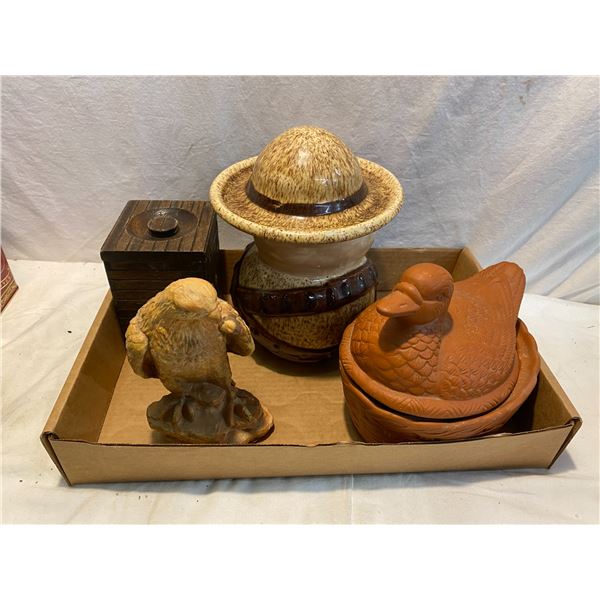 Lidded containers and figurine