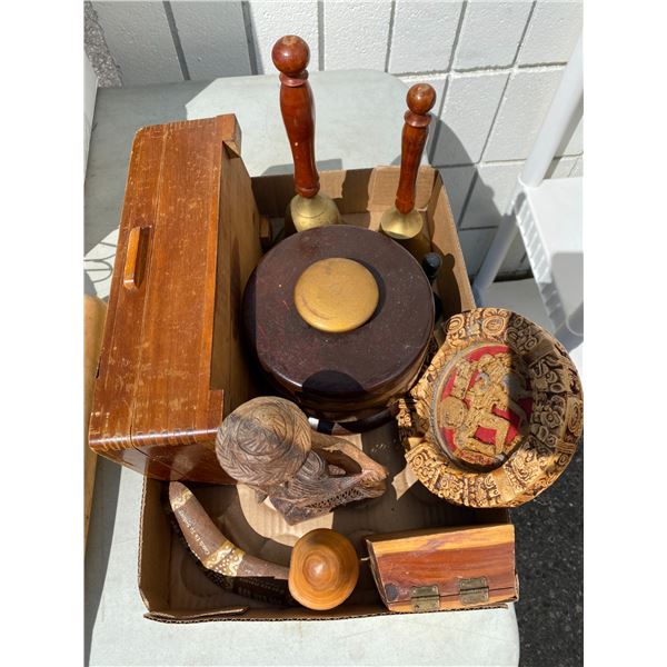 Wood box and bells etc