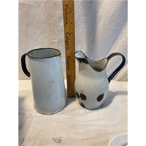 Two tin enamel pots