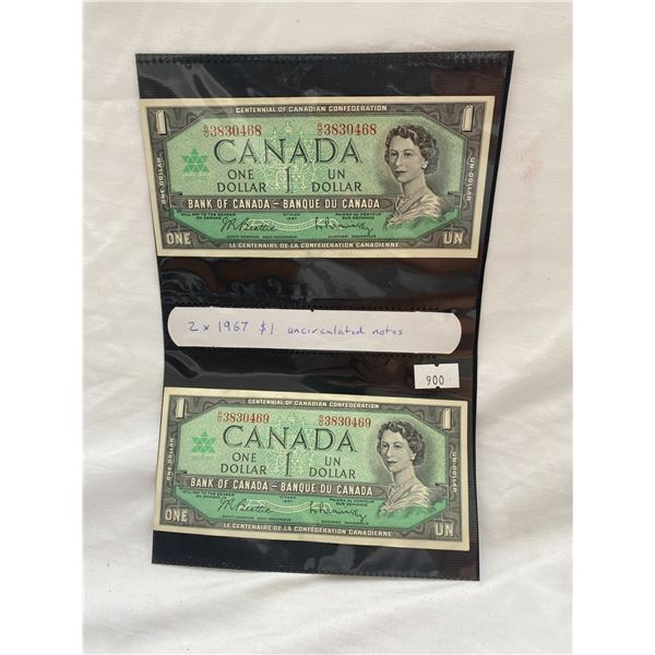 2 1967 uncirculated $1 bills