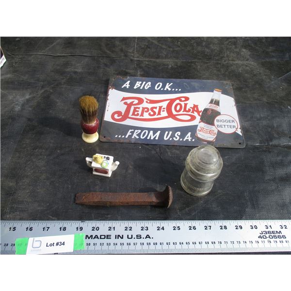 Railway Spike, Shaving Brush, Pepsi Tin Sign