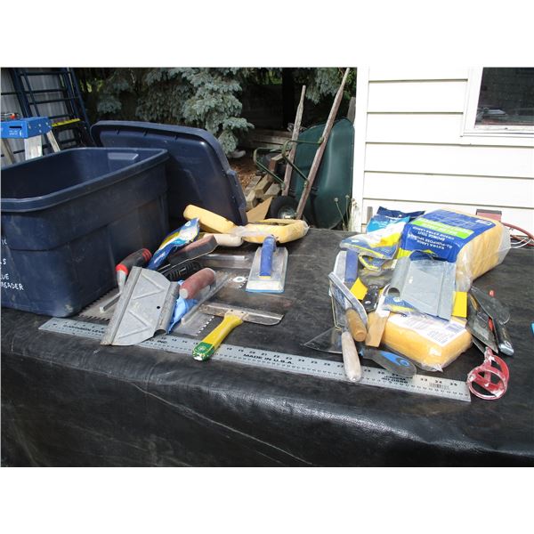 (2X THE MONEY) Plastic Tote with Trowels and Misc