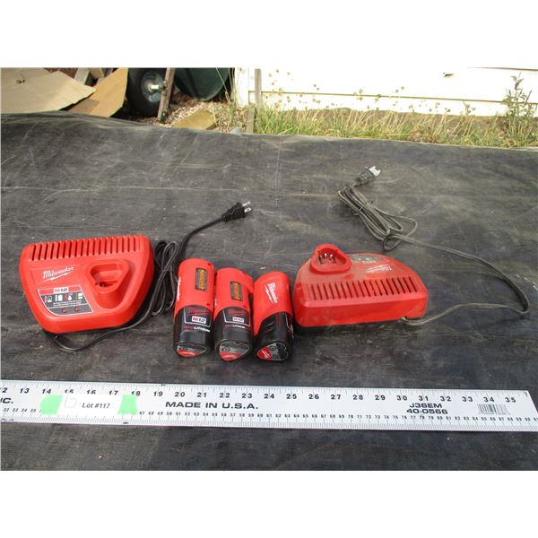 2 Milwaukee Chargers with (3) M12 Milwaukee Batteries
