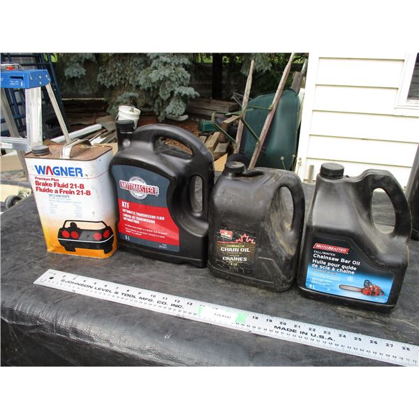 (2) Chainsaw Bar Oil Jugs (1 Is Full) Brake Fluid atf Partial Containers