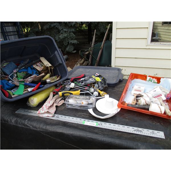Plastic Tote with Painting Supplies and Misc