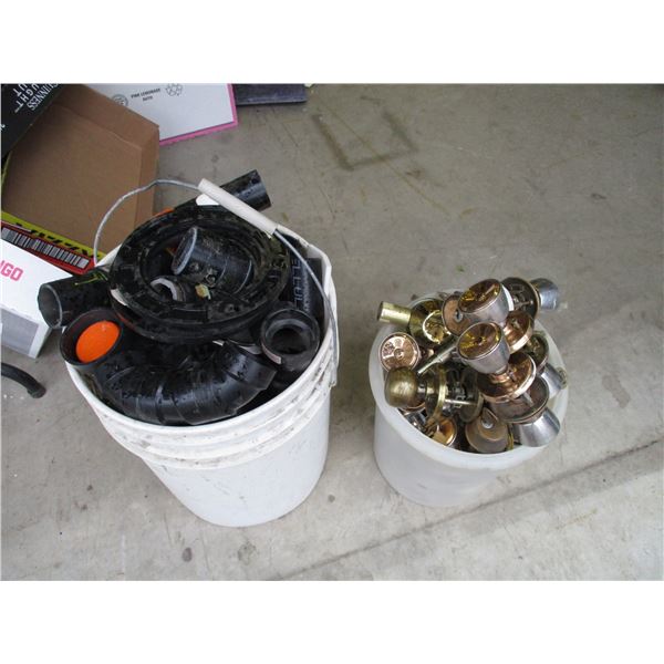 Pail of ABS Pipe Fitting, Pex Pipe and Door Knobs some have keys