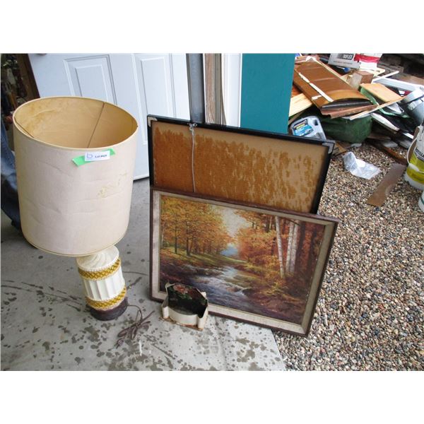 Vintage Lamp, Picture in Frame Plus Misc