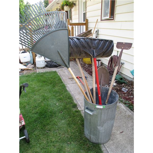 Metal Garbage Can with 6 Garden Tools