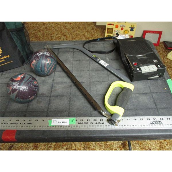 (2) Lawn bowling balls plus bow saw plus sonnel
