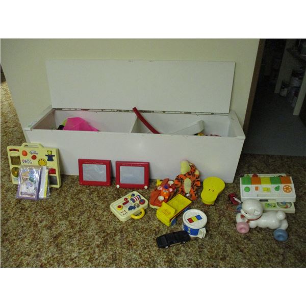 Wooden storage toy box plus vintage kids toys (Box 59" x 16")