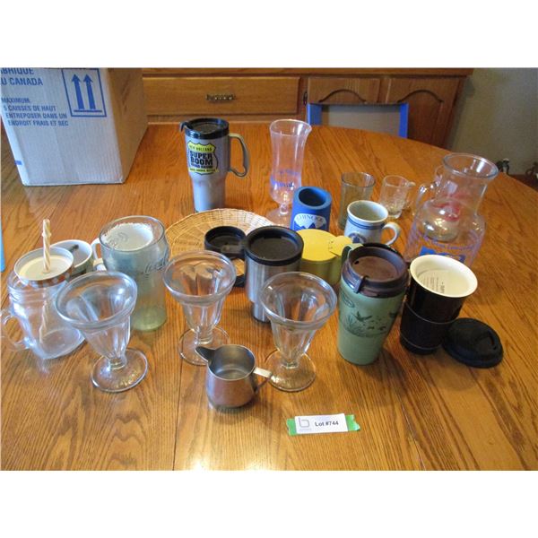 Ice cream glasses, coffee mugs, plus misc