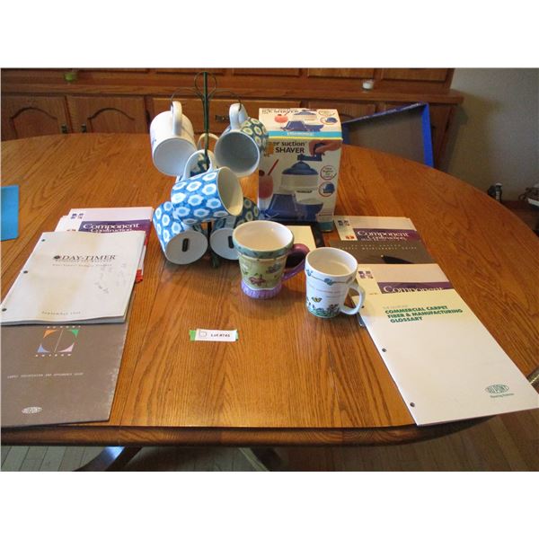 Stand and coffee mugs, plus misc